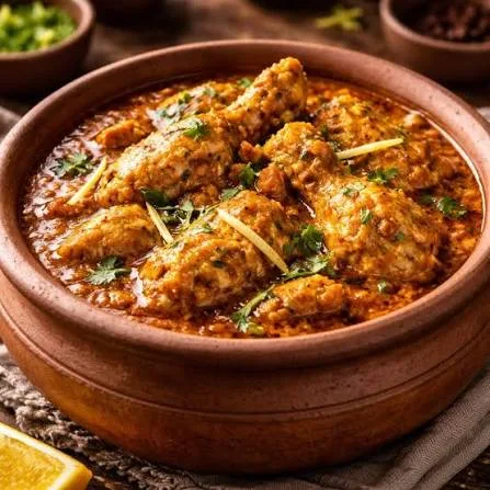 A clay handi of creamy chicken curry garnished with ginger, green chillies and coriander, served with naan