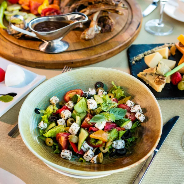 Overhead view of greek salad