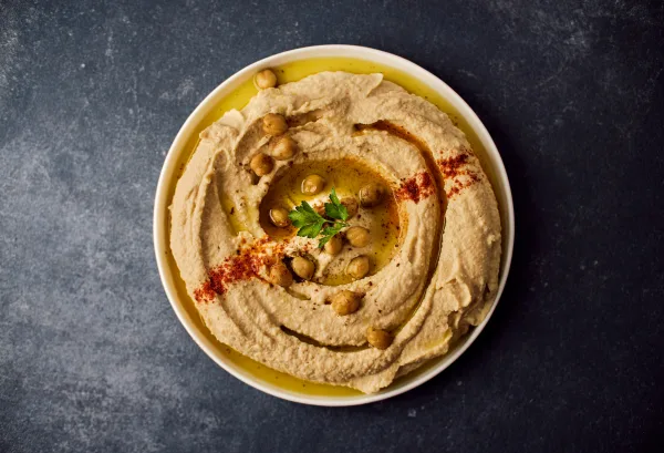 Overhead view of silky hummus