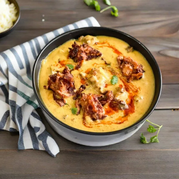 A bowl of golden yellow kadhi with soft pakoras, red chilli tarka and fresh coriander, served with white rice