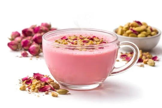 A cup of pink Kashmiri chai topped with crushed pistachios and almonds, beside cardamom pods and a cinnamon stick