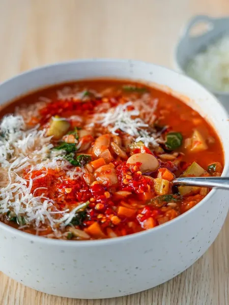 Bowl of chunky minestrone soup with beans, pasta and vegetables topped with Parmesan and basil
