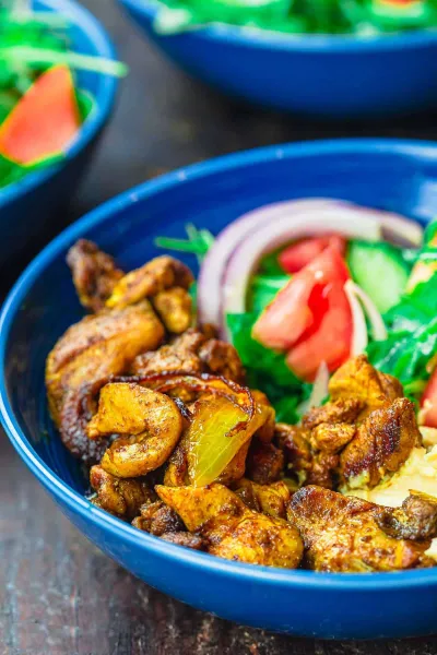 Overhead view of chicken shawarma bowl